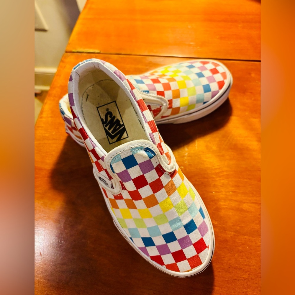 Vans Kids Rainbow Checkered Slip-On Sneakers size 13.5 unisex